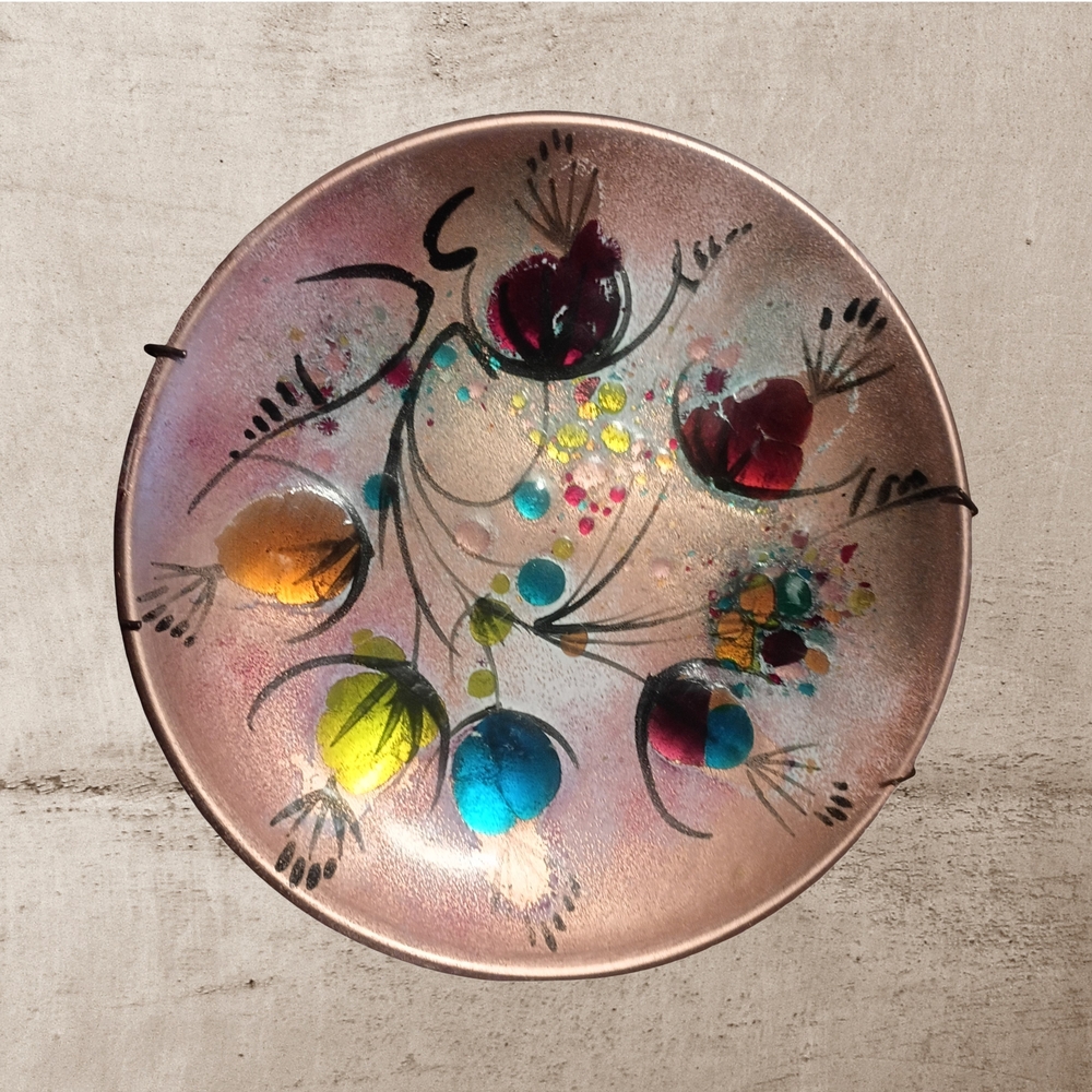 Vintage Landau California Cloisonne' Enameled Cooper Plate With Floral Motif